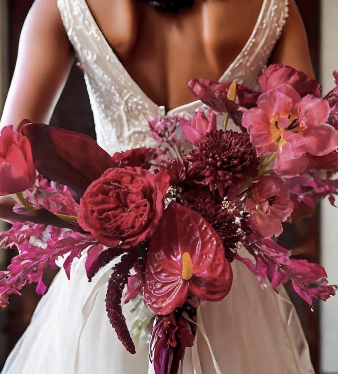red bridal bouquet with white dress
