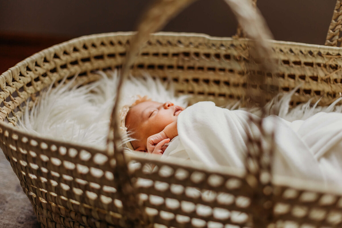 newborn baby on white fluffy blanket in basket in home