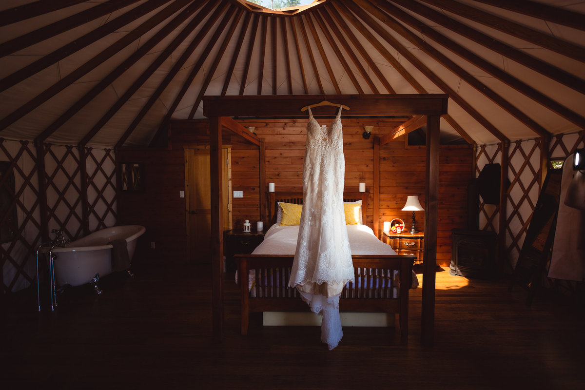 wedding dress in yurt at merridale cobble hill