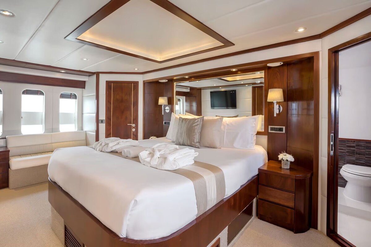 Lavish yacht master suite with ocean views in Thailand.