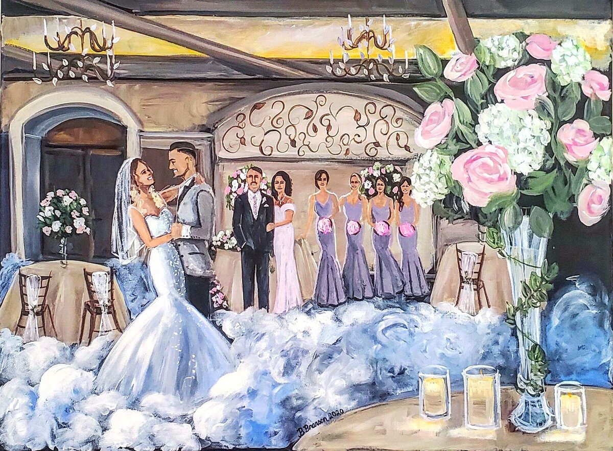 Fog machine dance floor live wedding painting in Long Island. Bride and groom dance as family and bridal party look on.