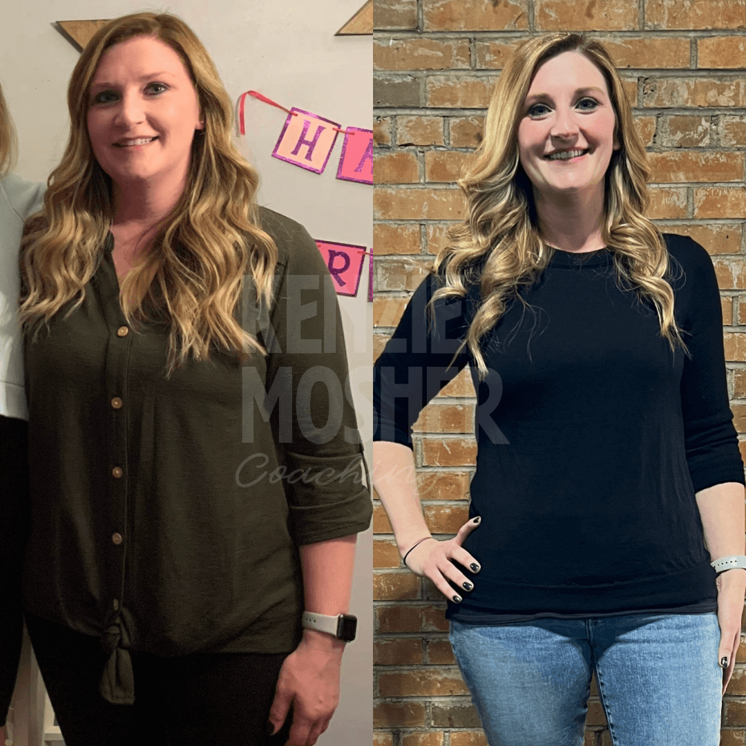 Before and after photos of sustainable weight loss achieved through lifestyle and nutrition coaching.