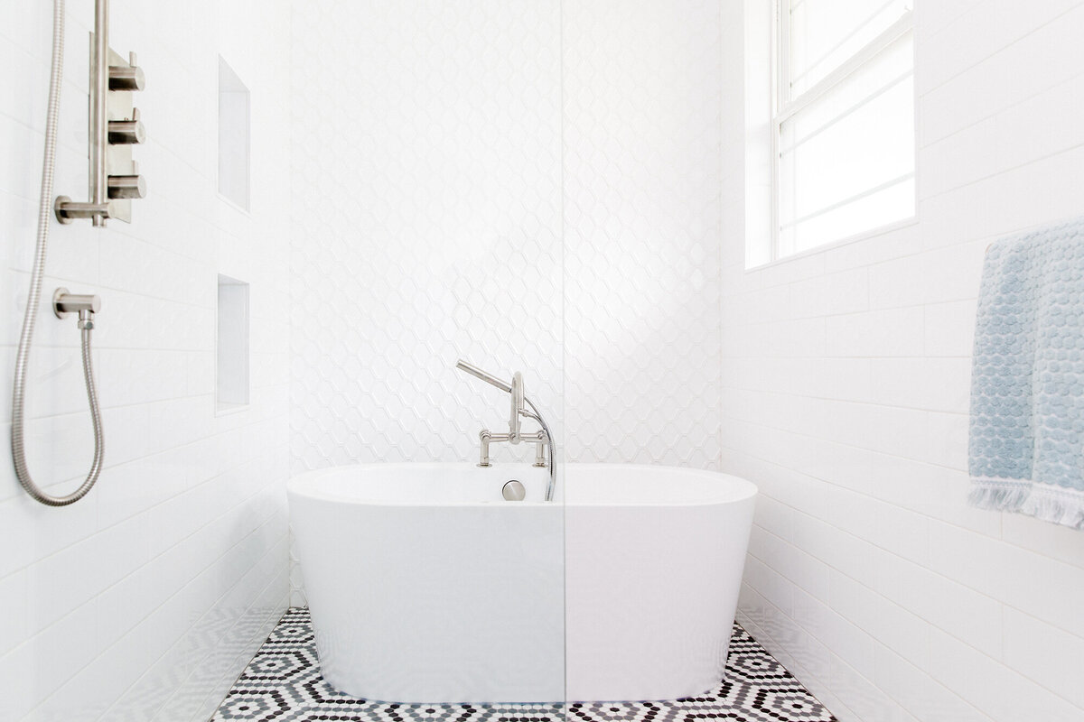 Fresh, modern bathroom remodel with wet room and hex tile floor - desi