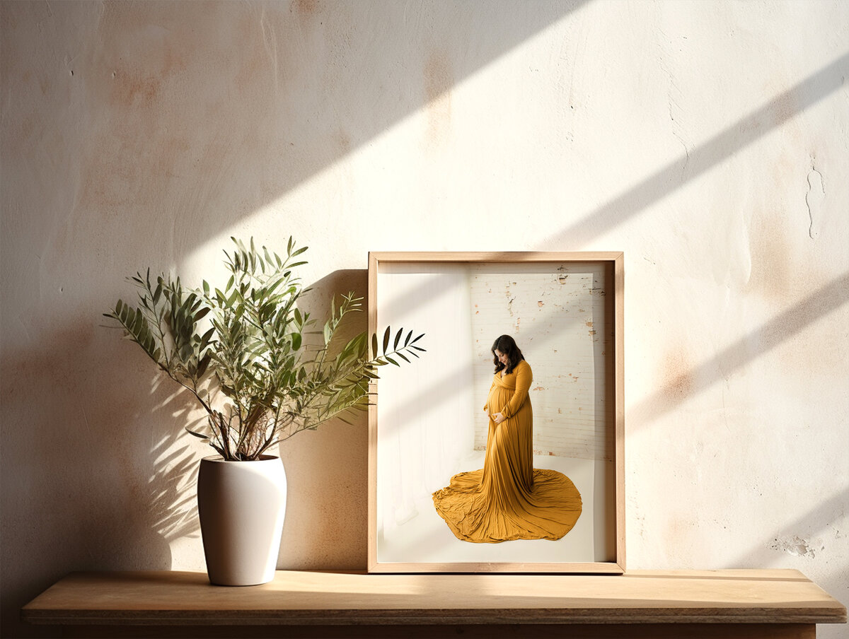 framed photo of pregnant mother in gold maternity gown