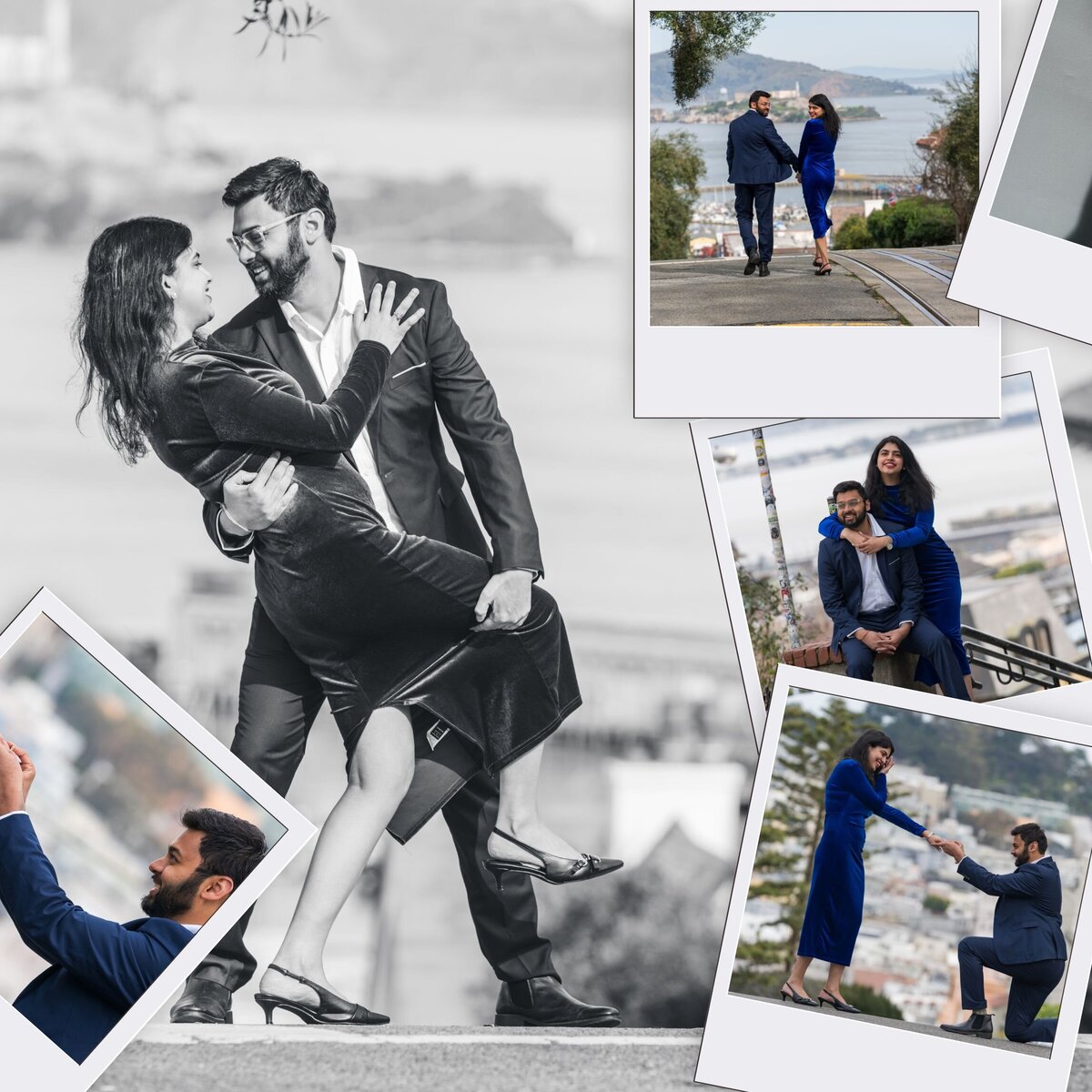collage of man on one knee proposing with the city of san francisco in the background