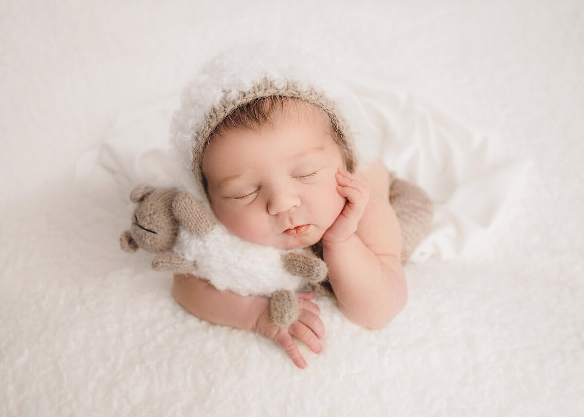 Greater Toronto, ON photography session of this newborn boy in a sheep hat and stuffy in the froggy pose.