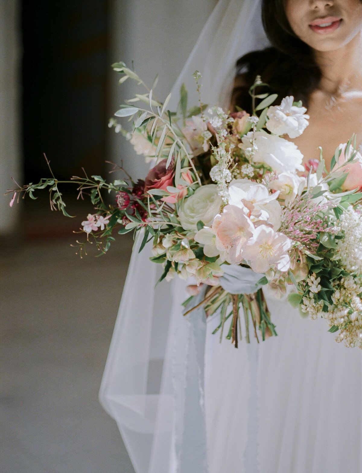 colorful wedding bouquet with olive leaves, Italy film wedding photos, ruins wedding in Europe