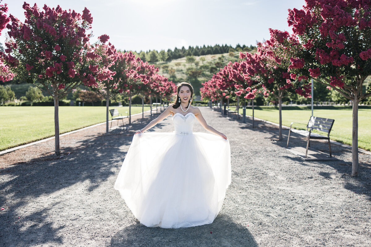 Bride near flowering trees