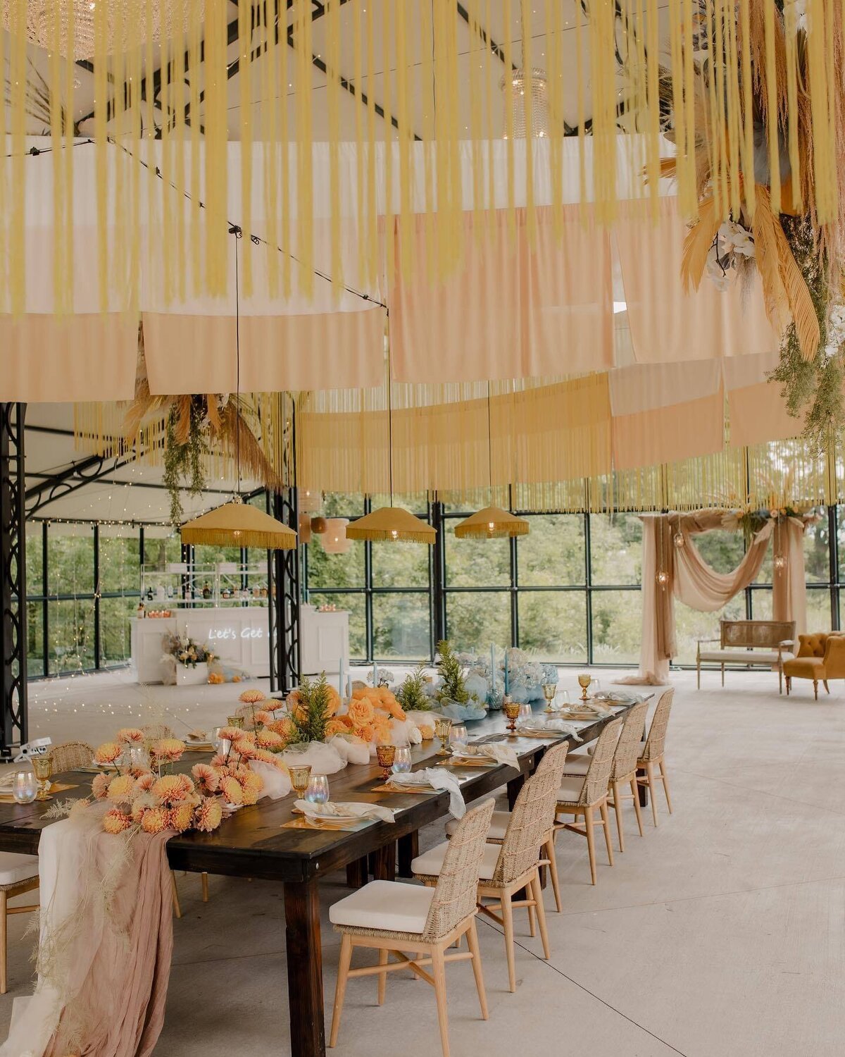 Ceiling Drape + Fringe + Pendants