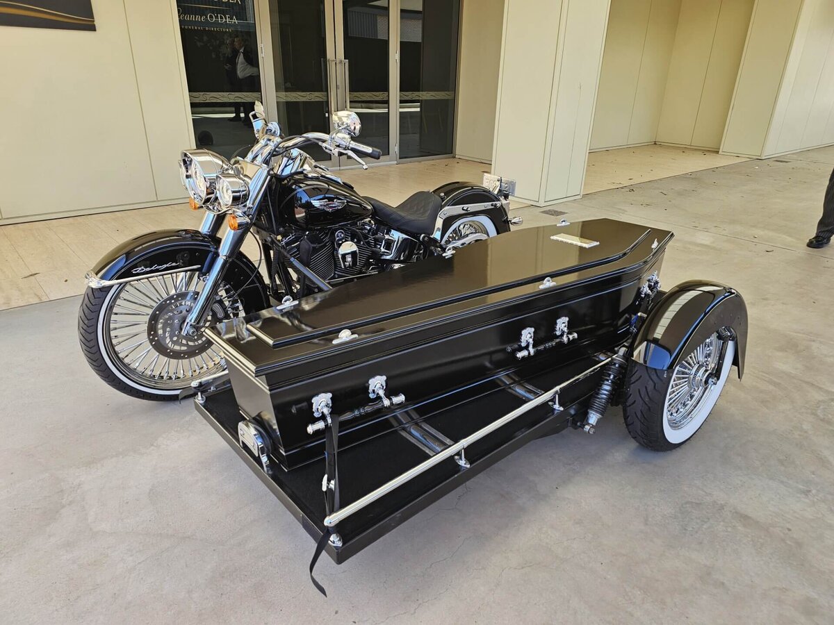 Harley Davidson hearse available from Caskets and Chrome in Perth, providing families across WA with a unique and meaningful farewell option.