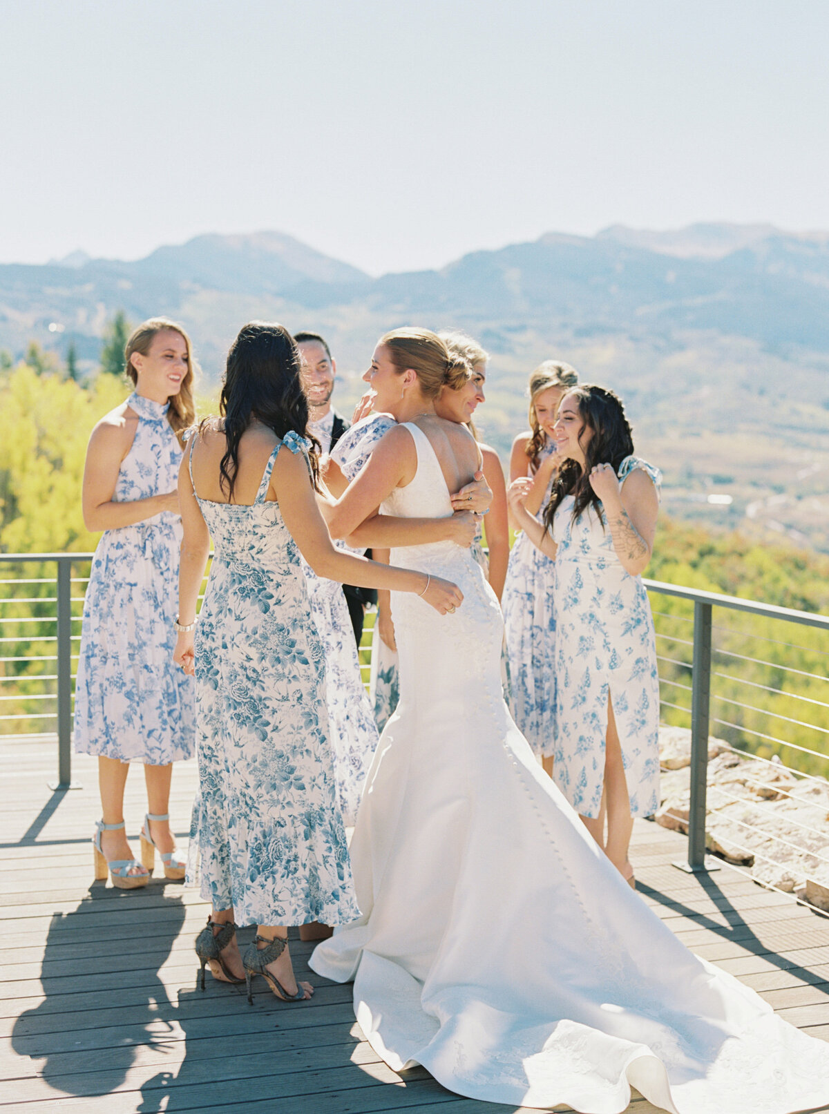 Bridal party first look with bride in Aspen wedding