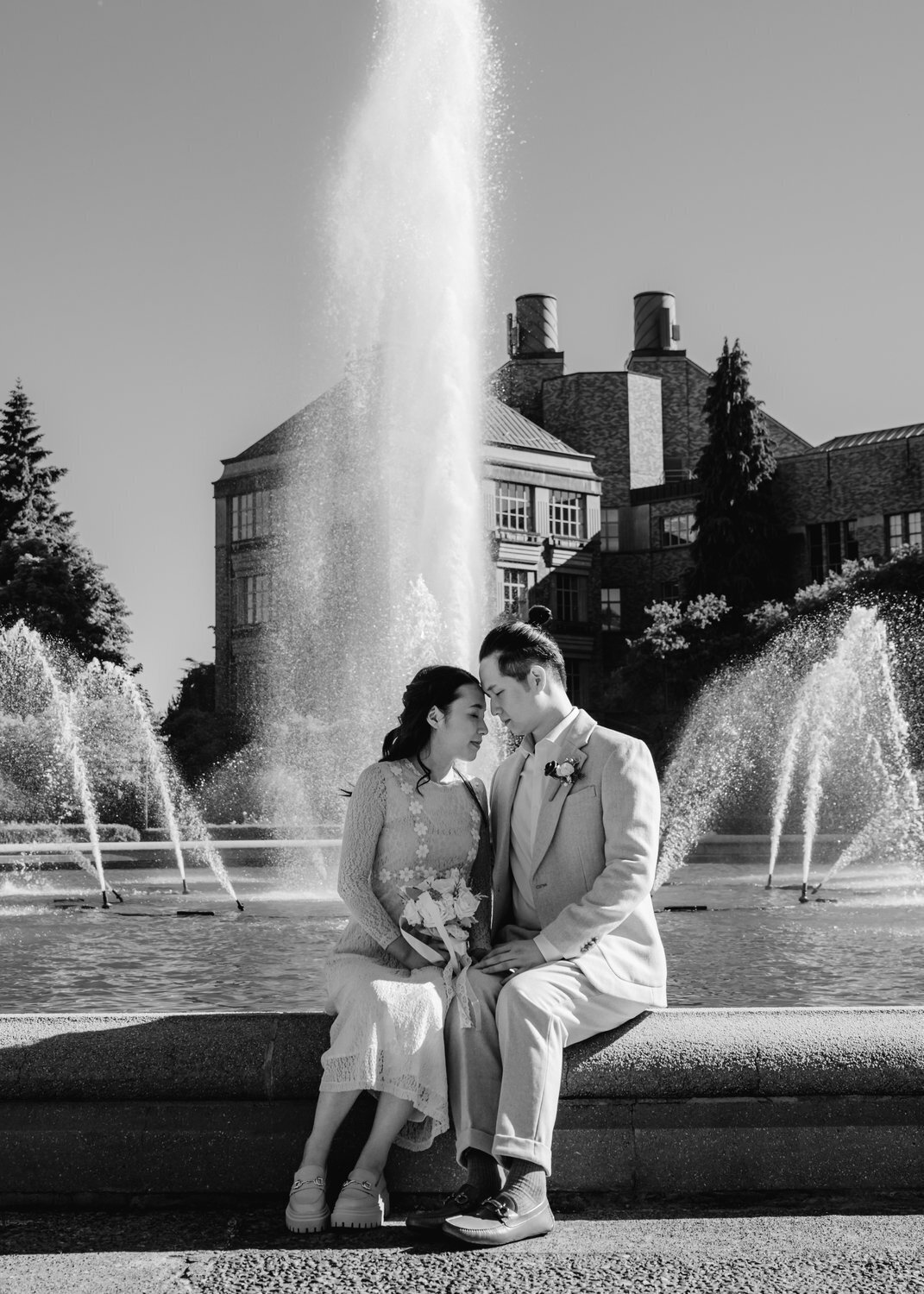black and white editorial portrait elopement uw seattle fountain