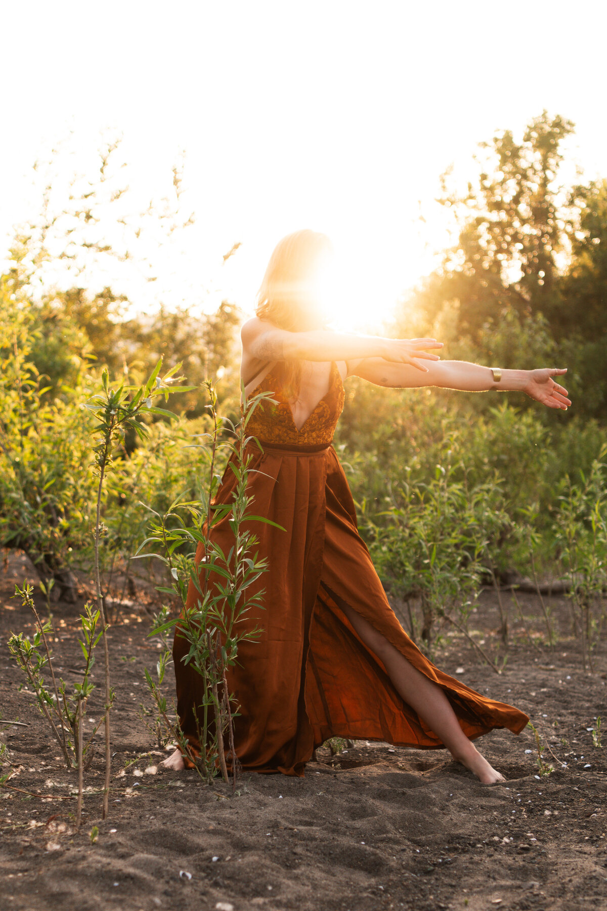 mentor, healer, guide with arms extended in a green field with a sunburst behind her