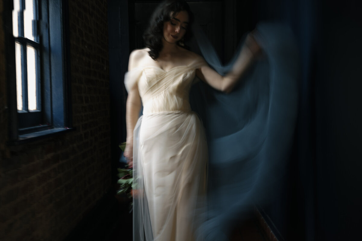 Bride holds up her sheer blue veil in a painterly, light-filled portrait.