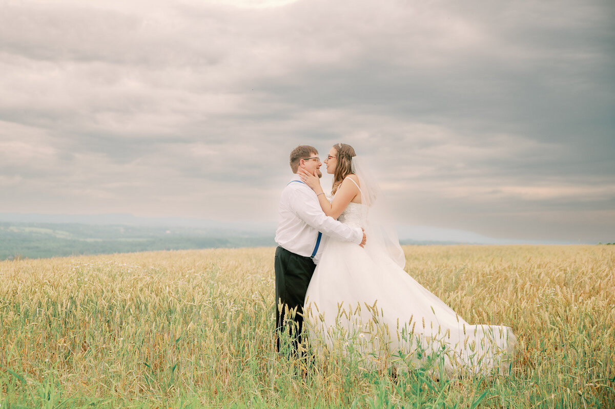 bride and groom sharing a kiss atop a hill