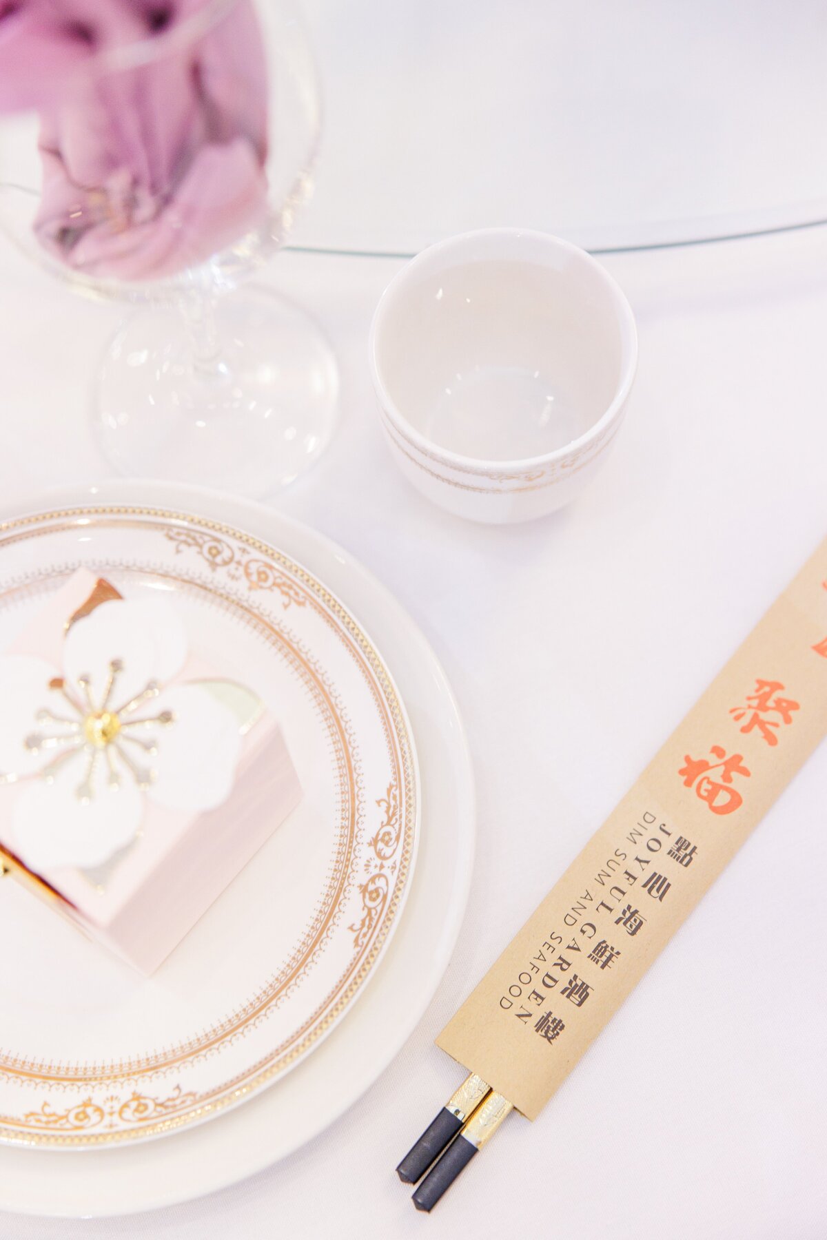 Close up of wedding reception dinner place setting