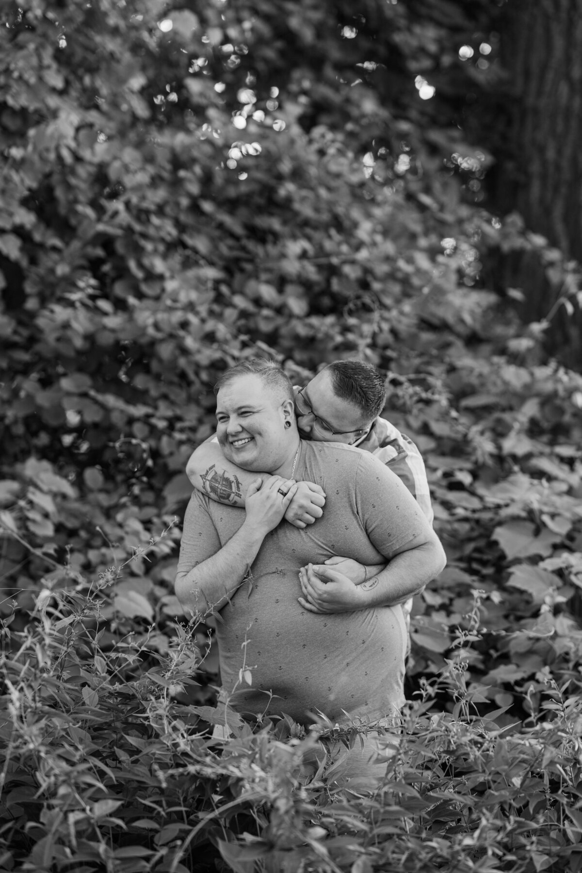 Black and white image of a couple embracing