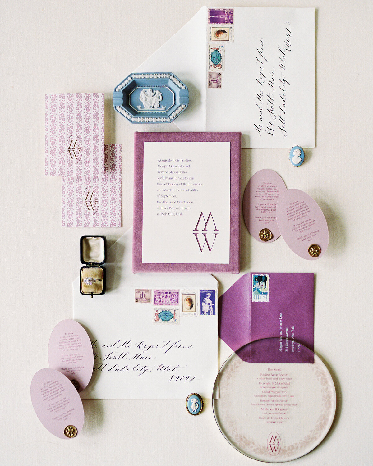 purple romantic invitation suite