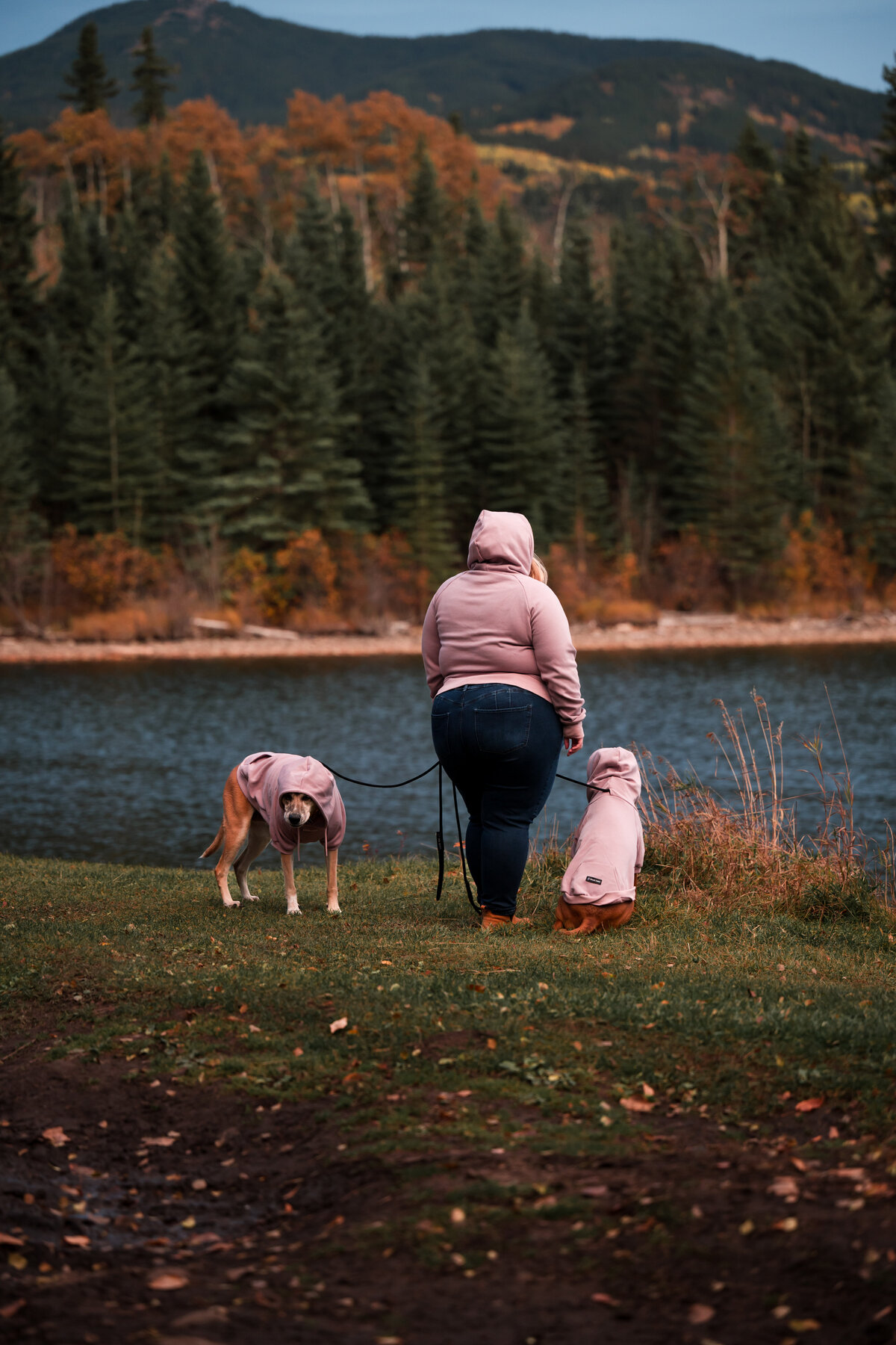 matching hoodies with 2 dogs in the fall
