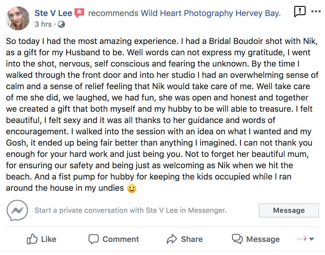 Client Testimonial Review Wild Heart Photography Hervey Bay Facebook 5 star review