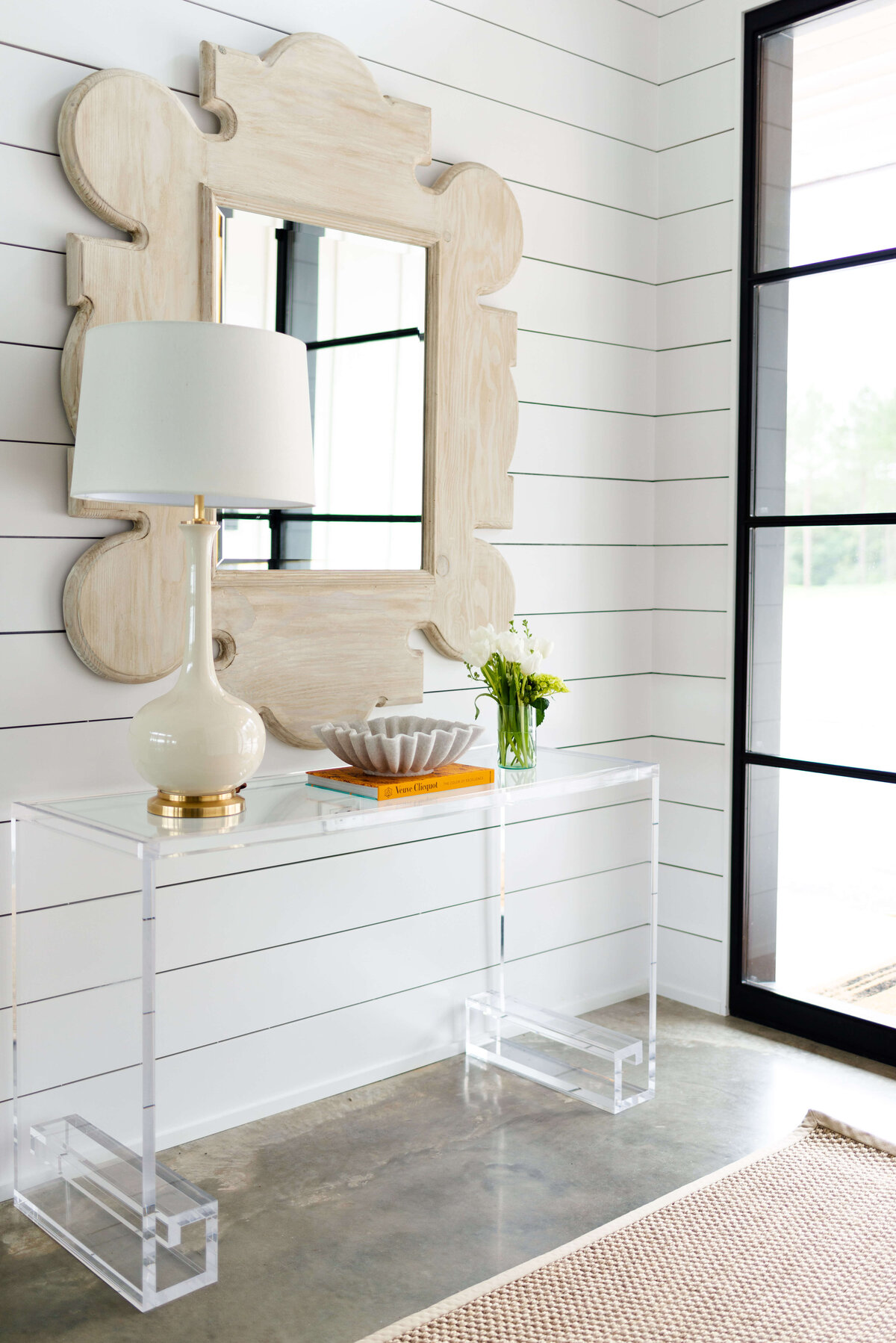 oyster creek studios building belt new build wooden mirror by entryway with clear side table