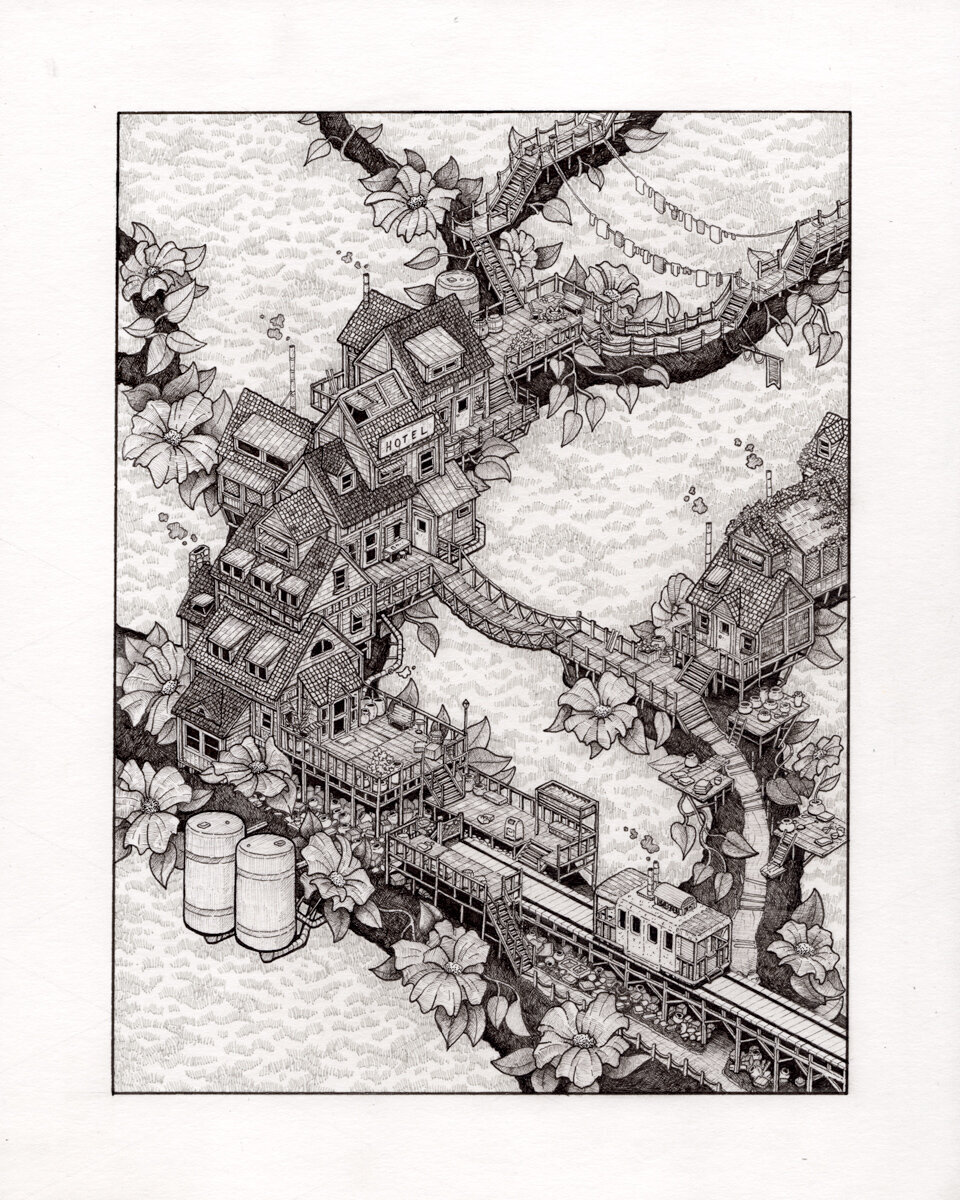 Overview of the Hotel illustration. A hotel built onto a massive treebranch. Pen and ink illustration. Whimsical.