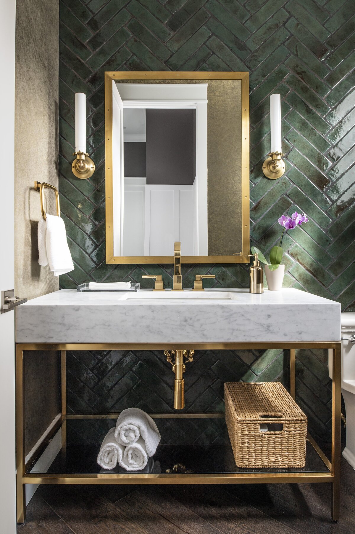 Green Tiled Powder Bath + White Counter and Golden Faucet