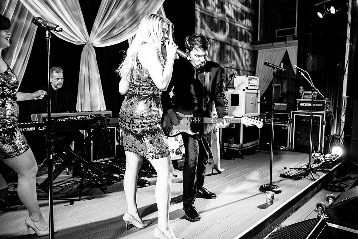 Black and white photo of live band at reception