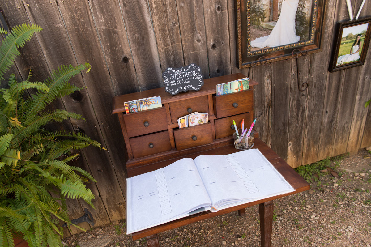 River Rock Event Center Texas  Guest Book Table vintage desk