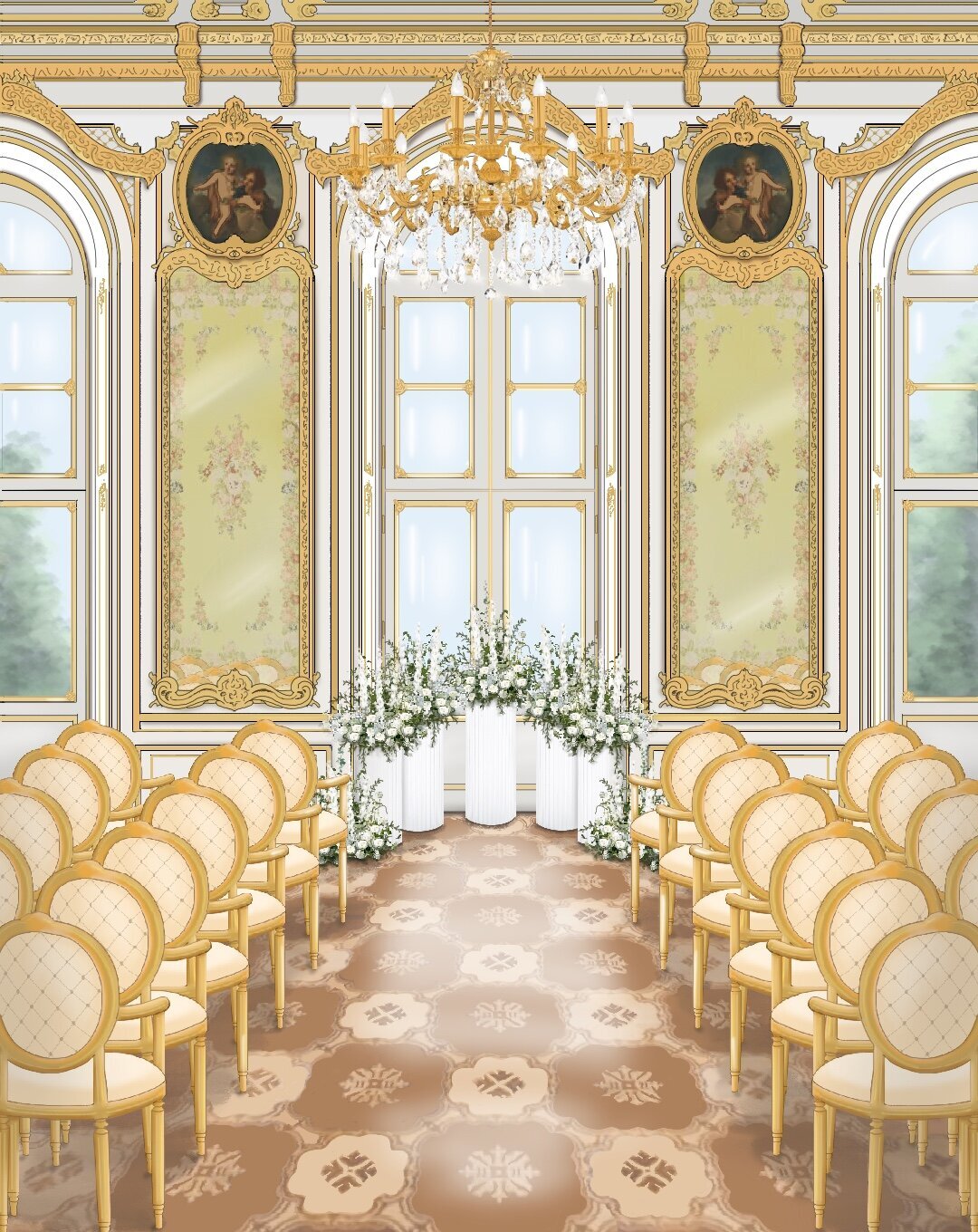 3-D sketch of ceremony at majestic palace Coburg in Vienna, prepared for a destination wedding couple