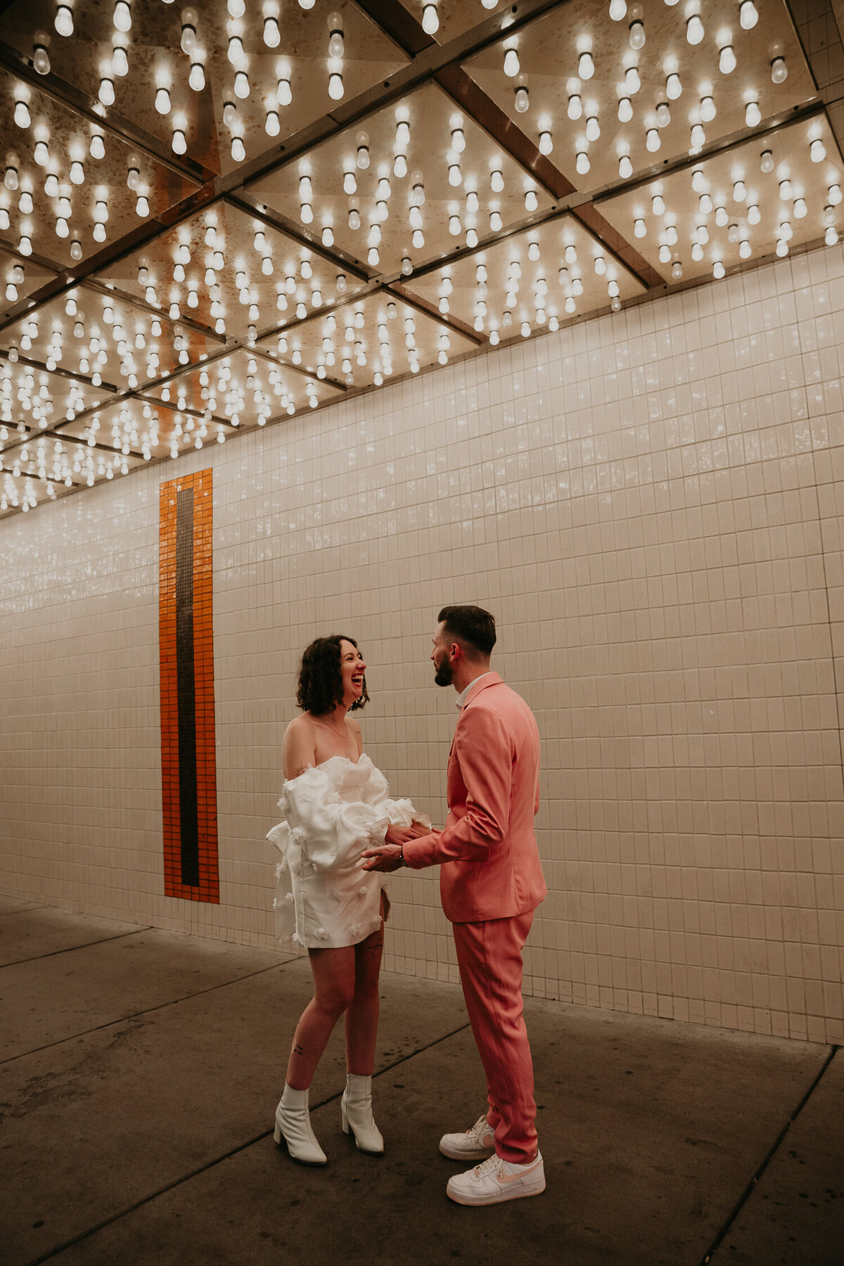 Bride and Groom in Fremont Street in Las Vegas