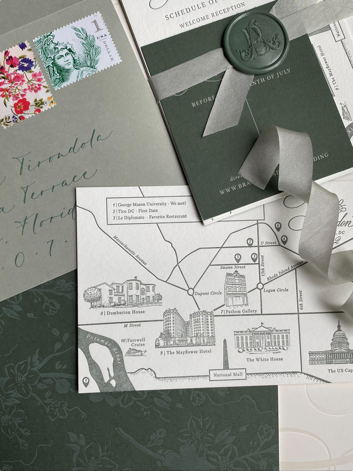 Wedding stationeries with the map of the venue and wax seal