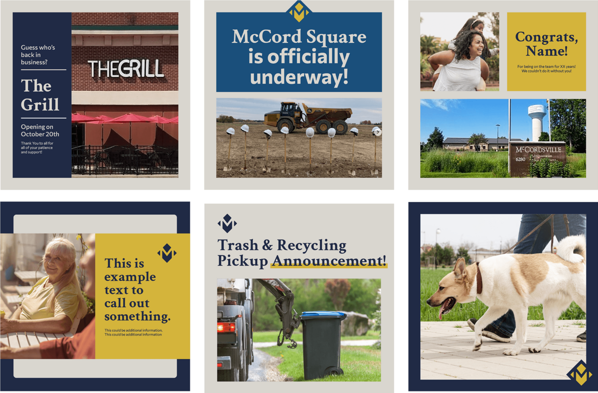 McCordsville social media graphics with typography treatments with blue and yellow and off white backgrounds