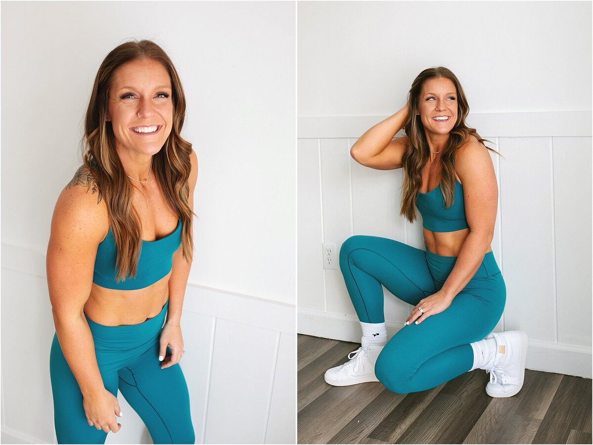 A-strong-and-confident-fitness-coach-in-teal-workout-gear-posing-during-a-personal-branding-photo-session-at-Studio-1432-in-Speedway-Indiana