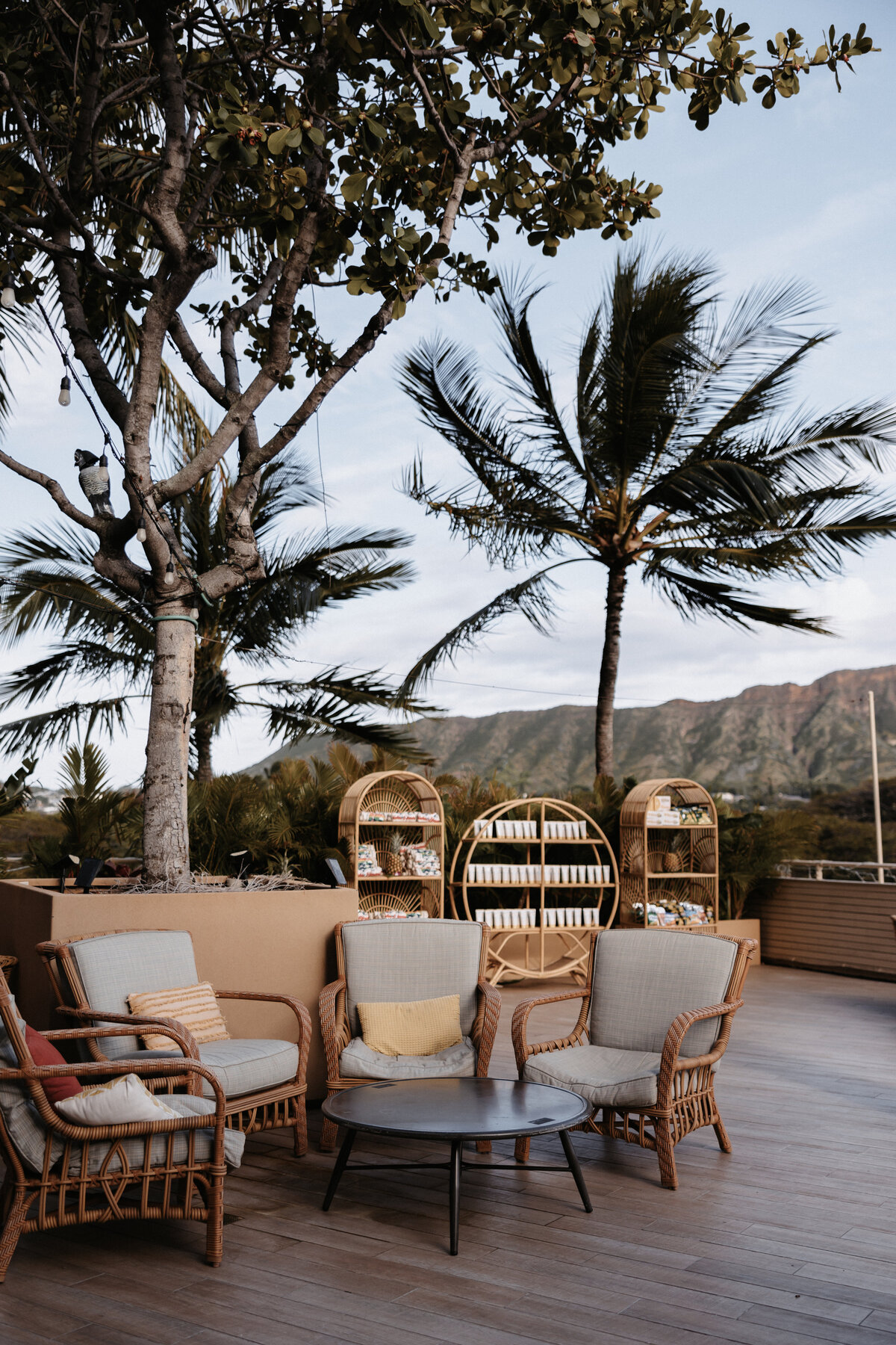 Lounge set and custom decor for a tropical welcome party on the deck waikiki