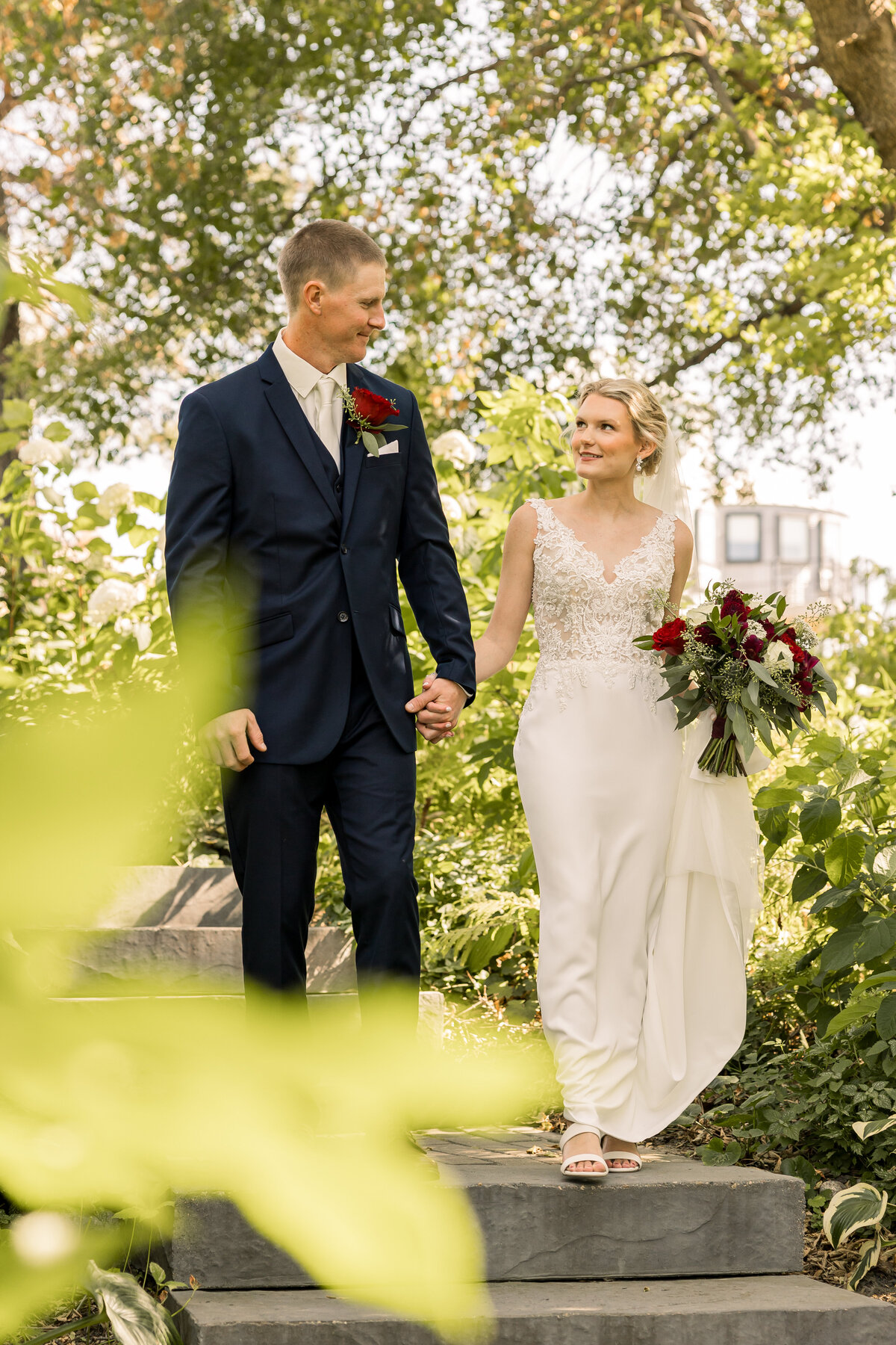 Bride and groom at Gathered Oaks in Alexandria Minnesota on their wedding day