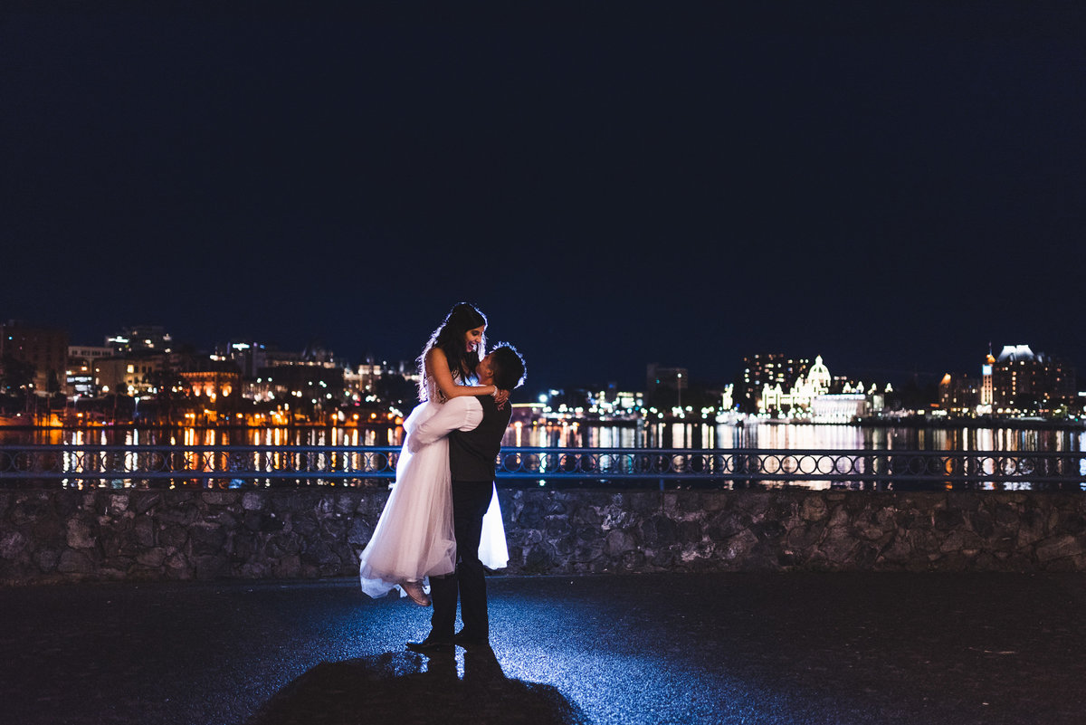 Nigh time Wedding photos in ineer harbour of Victoria