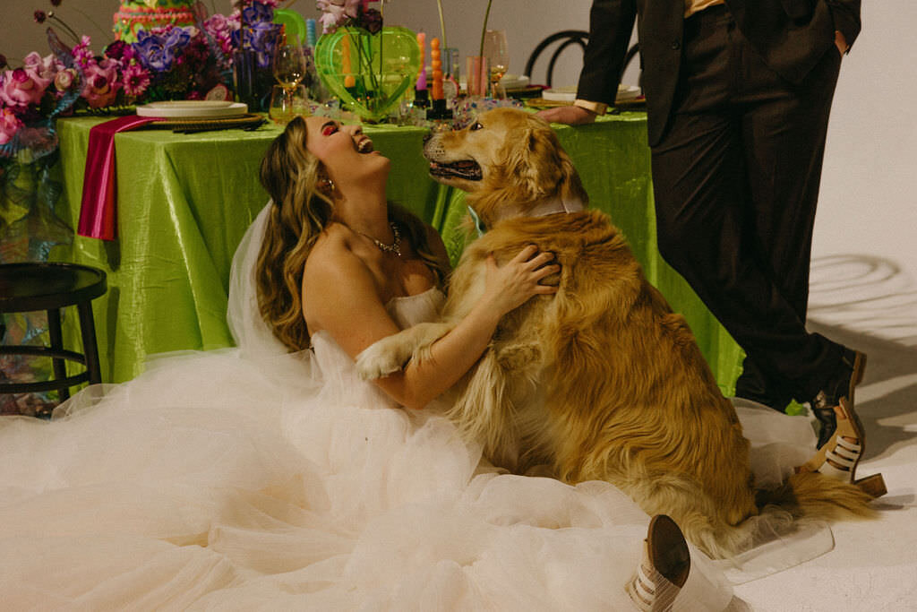 A person in a wedding dress sitting on the ground petting a dog.