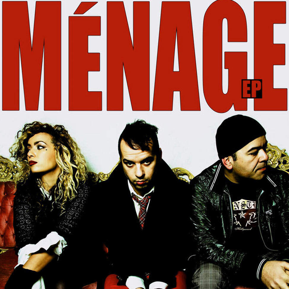 EP Cover Self Titled Band Menage three members sitting on red sofa