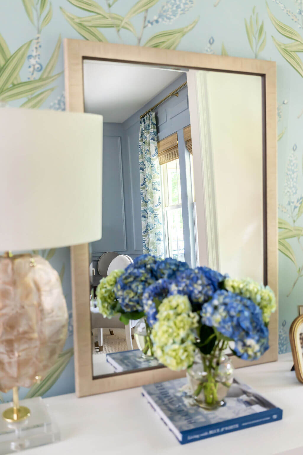 sweet southern home gracies space acccent mirror on white side table