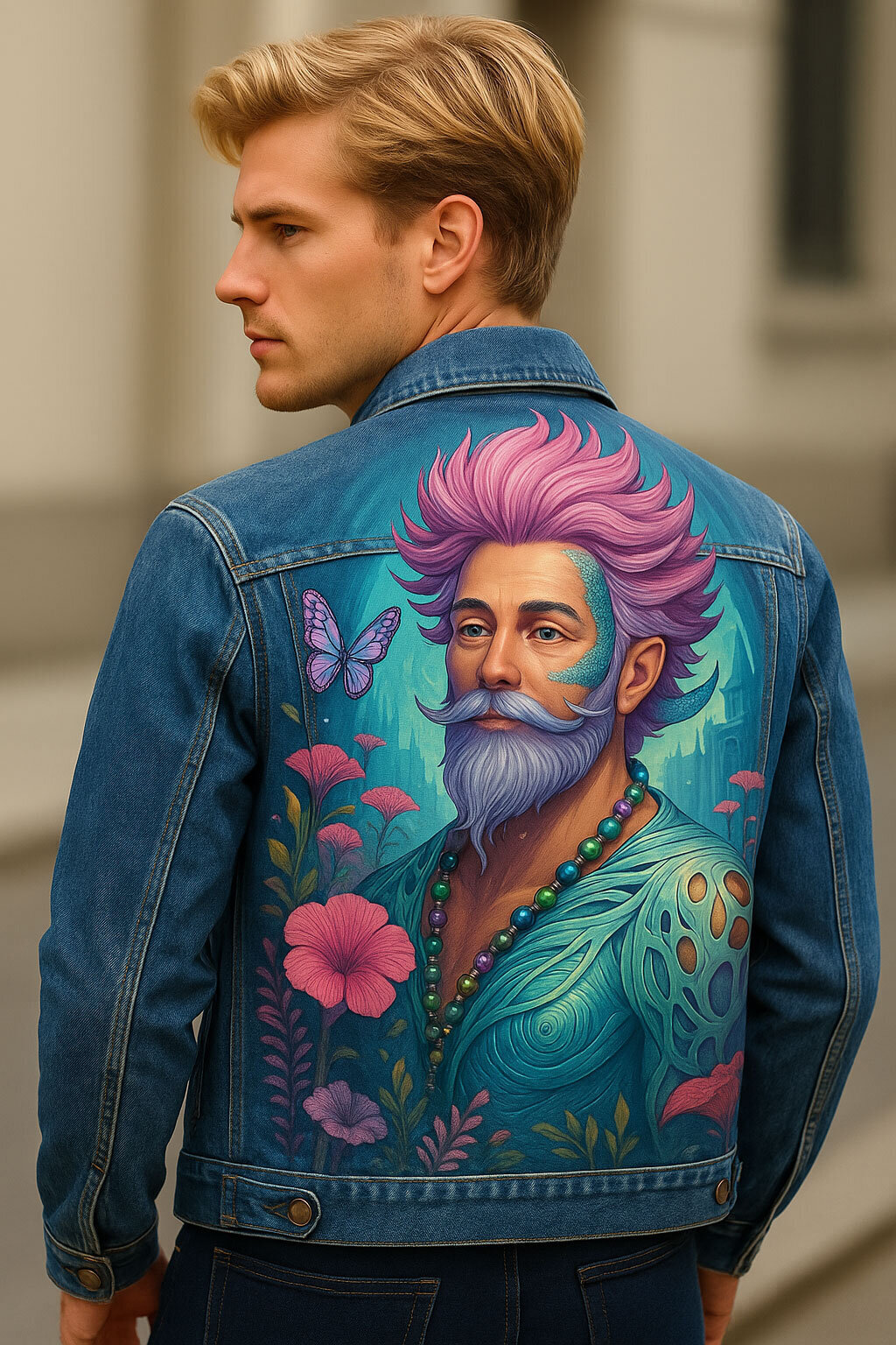 A branded photography shot of custom painted Jean jacket with an Atlantis inspired theme