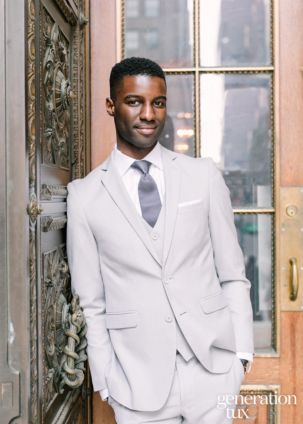 Cement Gray Notch Lapel Suit Dark Gray Tie_Logo