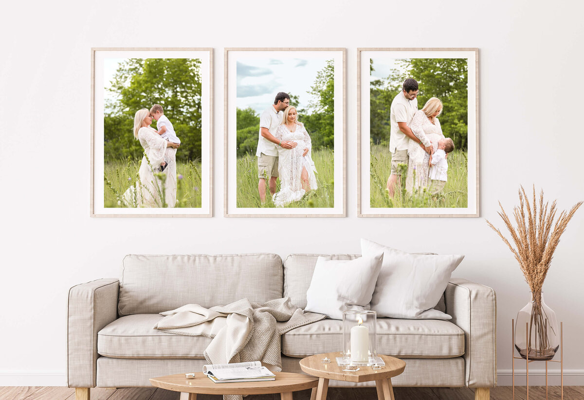 Three images framed and displayed on a wall for an outdoor maternity session in Minnesota.