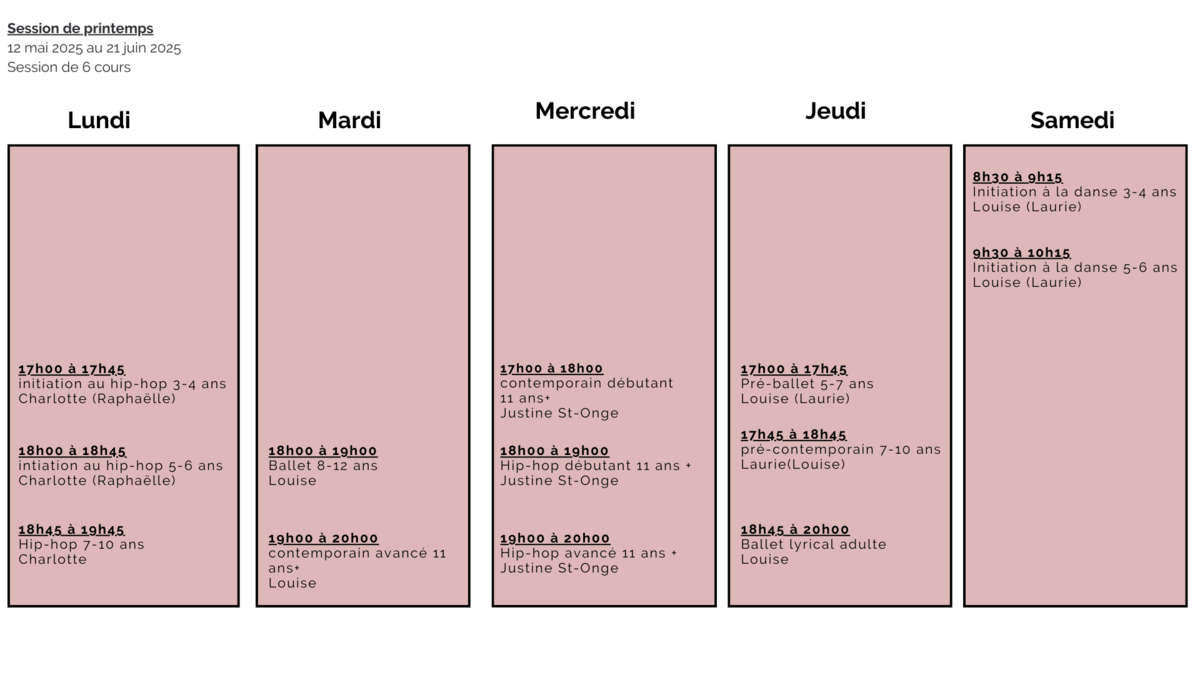 Horaire des cours de danse de la session de printemps 2025
