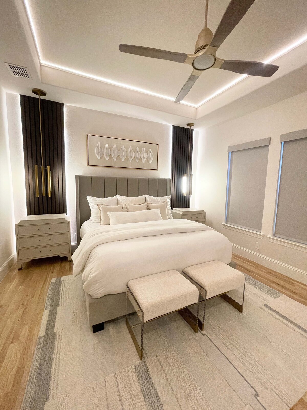 Interior design consultation request for a bedroom renovation project, featuring a modern and elegant bedroom with stylish decor and cozy ambiance.
