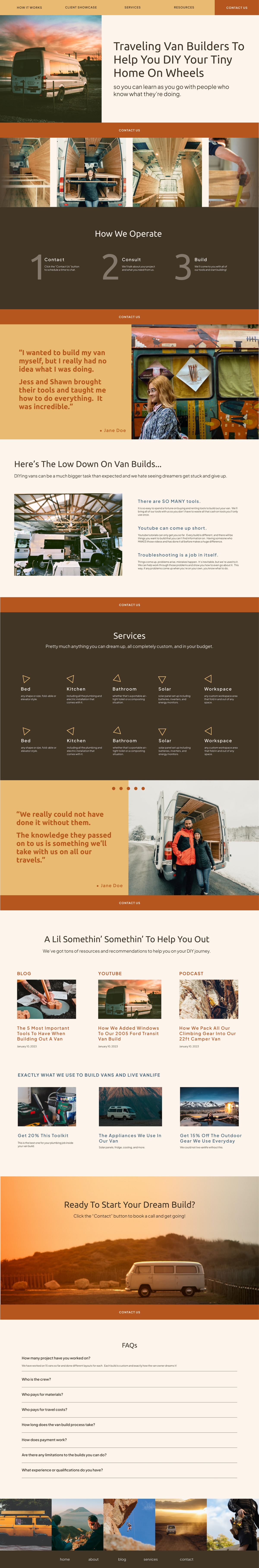 homepage website design with vanlife photos and text