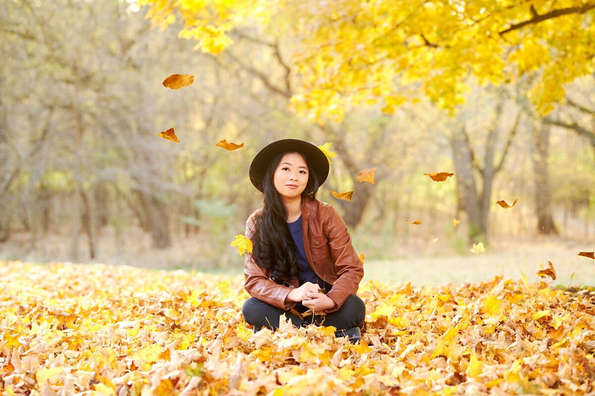 Autumn High School Senior Portrait by Professional Photographer in Woodland Setting-66