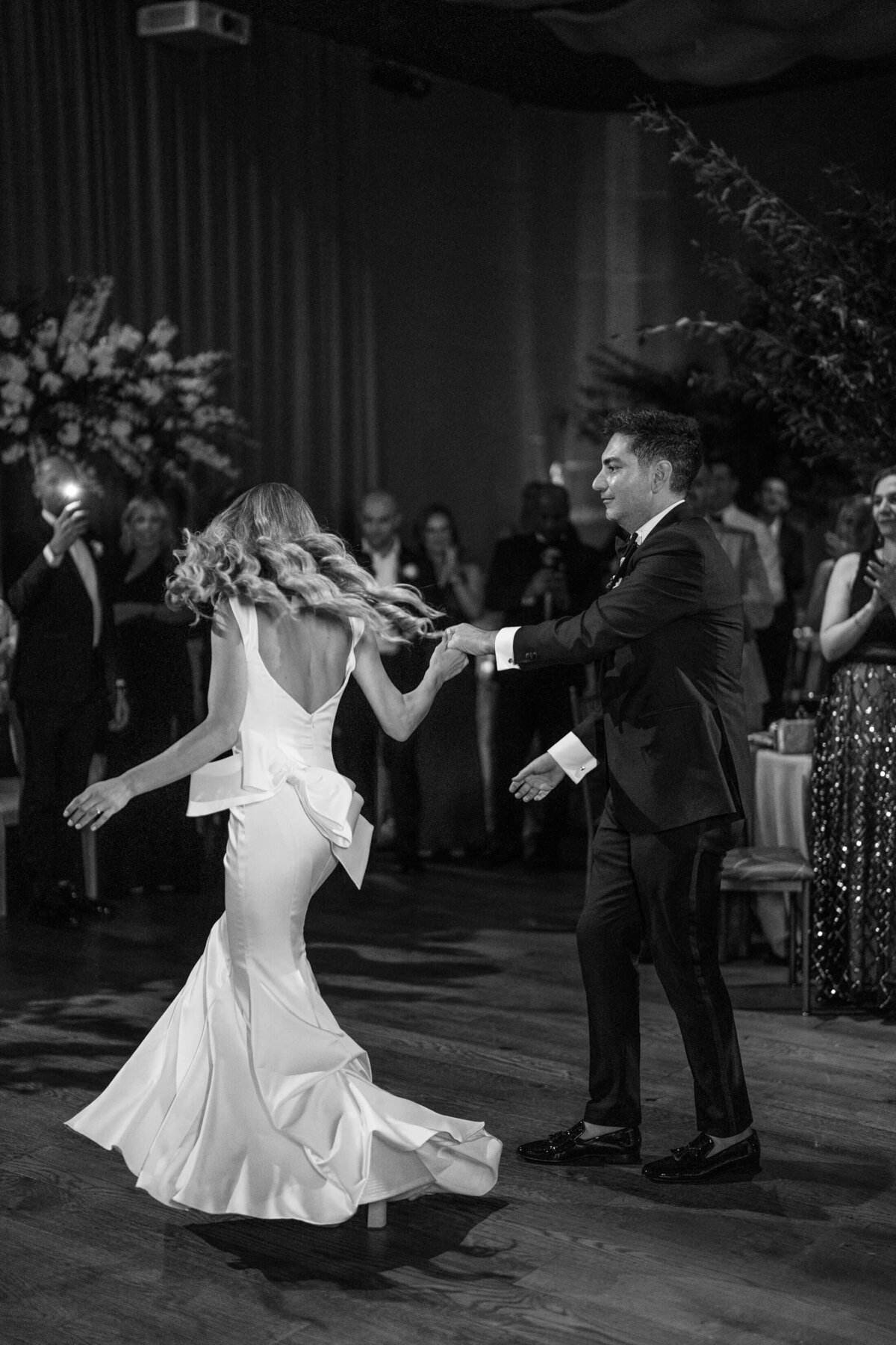 Black and white image of a bride and groom