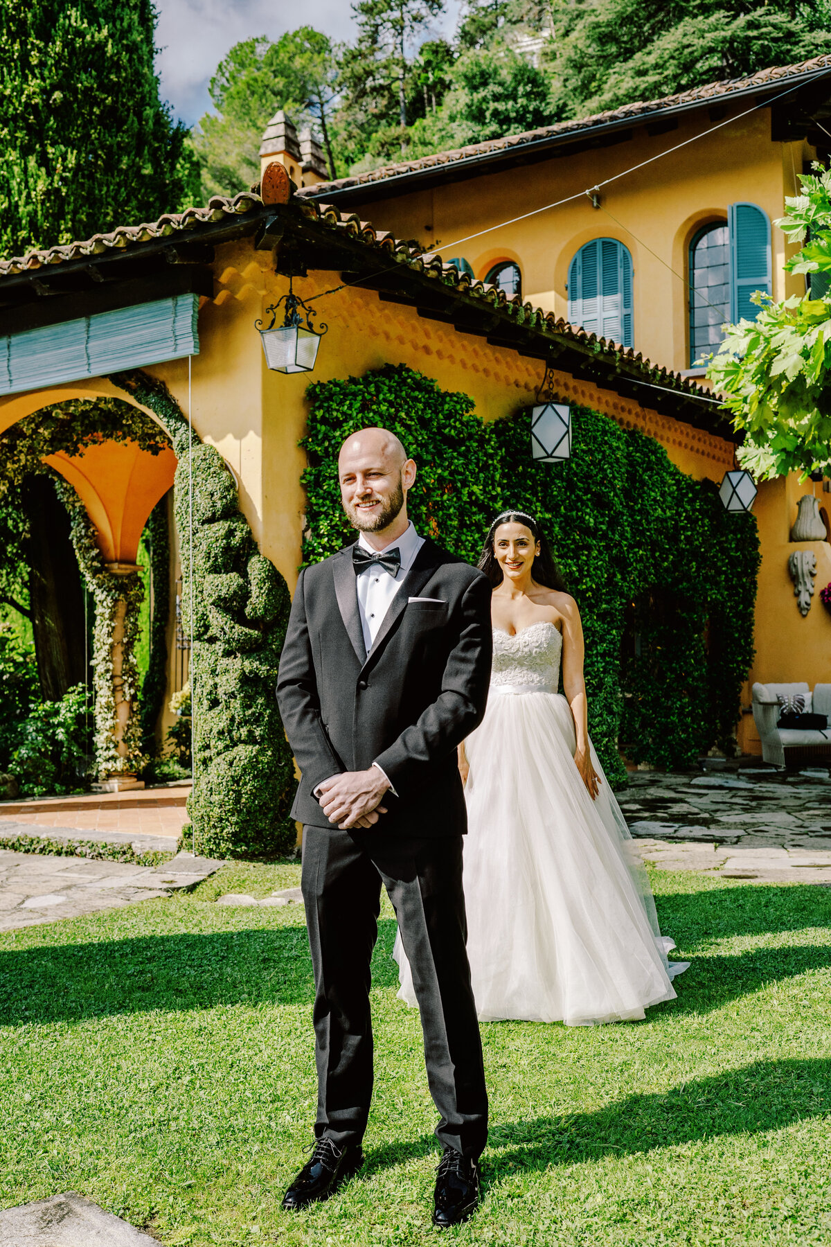 Film photograph of first look of bride and groom an elopement at Villa Cassinella on Lake Como Italy