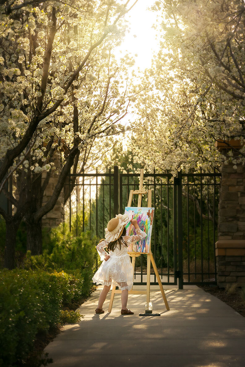 heritage-tood-creek-plein-air-painting-monet-spring-blossoms-child-girl-paint-creative-vintage-hat-kids-art